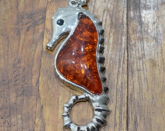 Pendant  Silver Faux Amber Seahorse Pendant