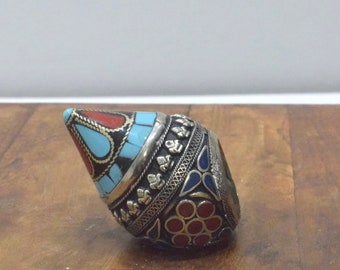 Middle Eastern Silver Coral Turquoise Inlay Ring