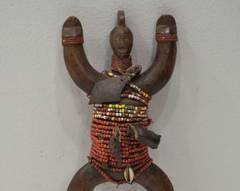 African Doll Namji Cameroon Beaded Wood Fertility Cowrie Shell Namji Doll