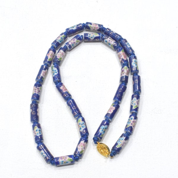 Chinese Porcelain Tube Blue Strand Necklace