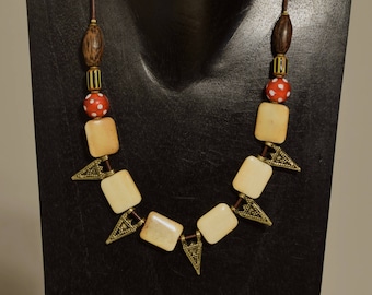 African Red Brass Beads Bone Pendants Cord Necklace