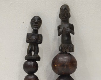 African Tripod Rattle Gourd Wood Kenya Carved Figure Handle