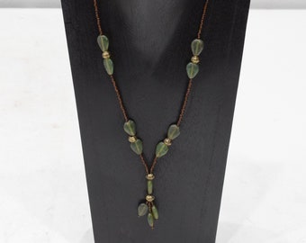 Necklace Green Czech Leaf Pendants Bronze Bead Necklace