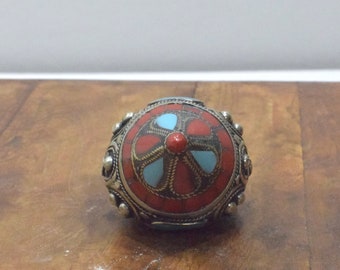 Ring Silver Coral Turquoise Inlay Ring