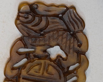 Beads Chinese Serpentine Brown Dragon Pendant Vintage 54mm
