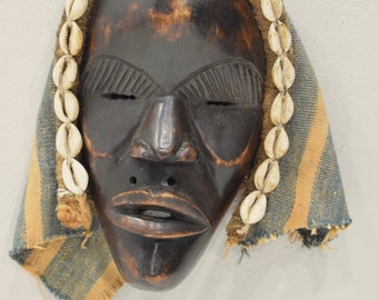 African Dan Carved Wood Cloth Cowrie Shells Mask Congo