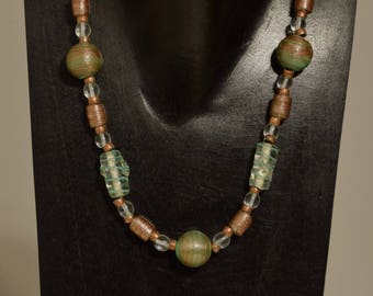 Czechoslovakian Iridescent Bronze Green Glass Green Swirl Beads Necklace