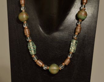 Necklace Czechoslovakian Iridescent Bronze and Green Glass Green Swirl Beads Copper Beaded Handmade Beaded Glass Necklace Jewelry