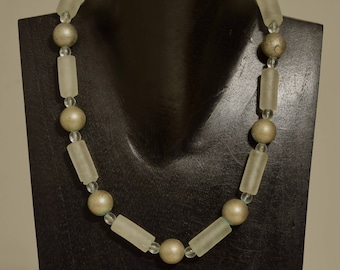 Brushed Silver Frosted Glass Beaded  Choker Necklace