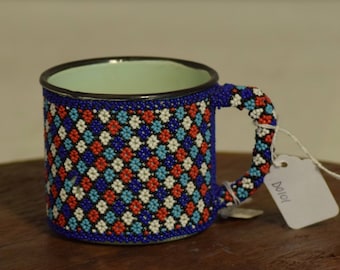 African Cup Meg Enamel Blue Red Beaded Mug Zulu Beaded Cup