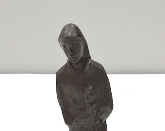 African Statue Knelling Praying Madonna and Child Ebony Sculpture Tanzania