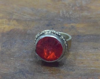 Middle Eastern Silver Red Stone Kuchi Ring Size 7