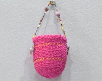 African Woven Small Pink Kamba Bag Kenya