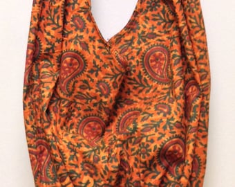 India Orange Paisley Shoulder Bag Handmade Cotton Hand Sewn Colorful Hand Stamped Fabric Gift for Her India Fun Shoulder Bag
