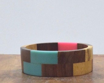 Wood Inlaid Colorful Turquoise Resin Bangle Bracelet