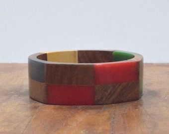 Wood Inlaid Colorful Dark Green Resin Bangle Bracelet