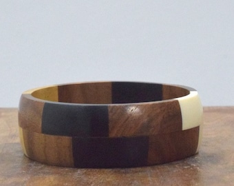 Wood Inlaid Colorful Beige Resin Bangle Bracelet