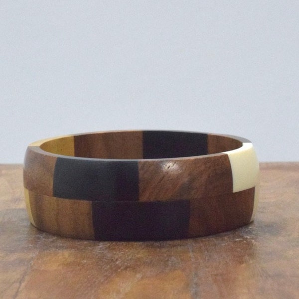 Wood Inlaid Colorful Beige Resin Bangle Bracelet
