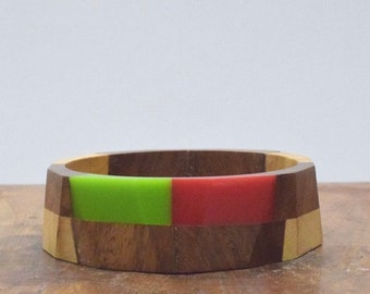 Wood Inlaid Colorful Red Resin Bangle Bracelet