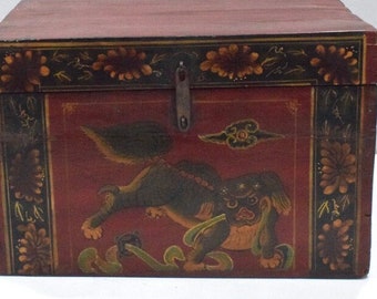 Chinese Red Painted Wood Dragon Chest