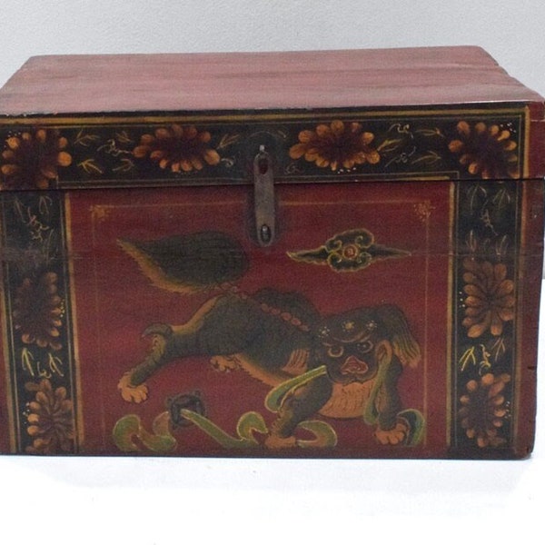 Chinese Red Painted Wood Dragon Chest