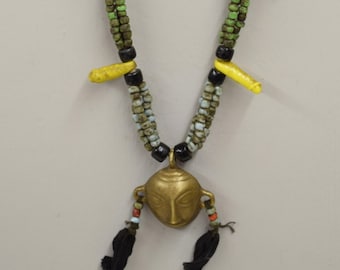 Naga Necklace Brass Head Pendant India Handmade Orange Blue Lime Green Yellow Beads Chevron Glass Beads Trophy Naga Brass Head Necklace