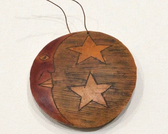 Gourd Carved Star and Moon Pendant or Ornament