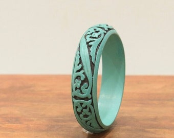 Chinese Cinnabar Turquoise Scroll Design Bangle Bracelet