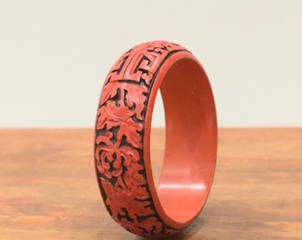 Chinese Cinnabar Medium Red Black Floral Design Bangle Bracelet