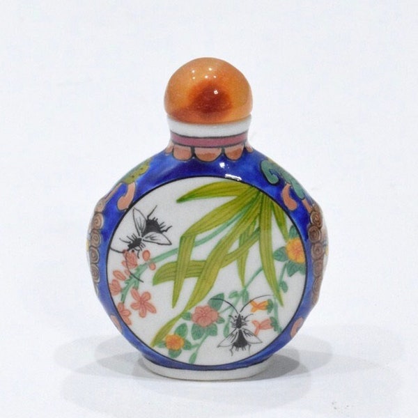 Chinese Porcelain Snuff Perfume Bottle Glass Painted Flowers