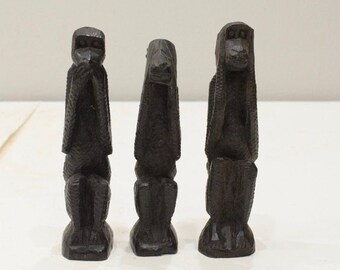African Carved See Hear Say No Evil Ebony Monkey Figure Set