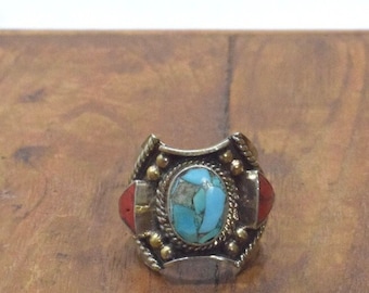 Tibetan Silver Turquoise Coral Ring