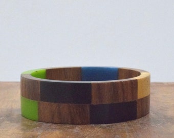 Wood Inlaid Colorful Blue Resin Bangle Bracelet