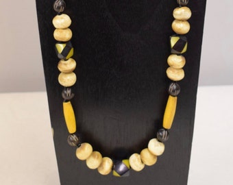 Necklace Vintage Africa Black Yellow Beads Etched Buri Nuts Yellow Tubes Handmade Tribal Black Yellow Tubes Beads  Jewelry Necklace H