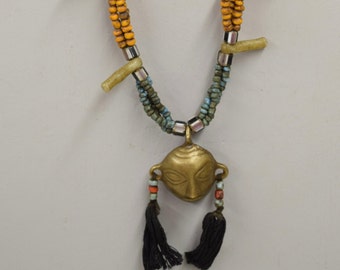 Naga Necklace Brass Head Pendant India Handmade Orange Blue Green Yellow Beads Chevron Glass Beads Trophy Naga Brass Head Necklace