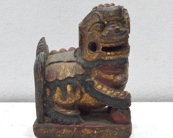 Chinese Carved Wood Mythical Foo Dog