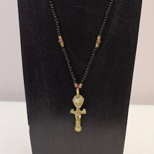 Necklace Vintage African Brass Ashanti Doll Pendant Black Glass Necklace