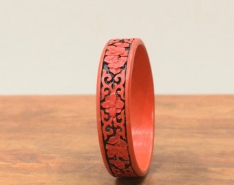 Chinese Cinnabar Flat Red Black Floral Design Bangle Bracelet