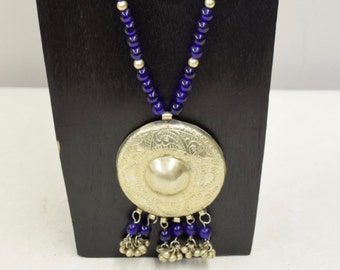 Necklace Vintage Silver India Pendant Bells Blue Czech Glass Brushed Silver Handmade Silver Blue Necklace Jewelry Pendant One of a Kind B