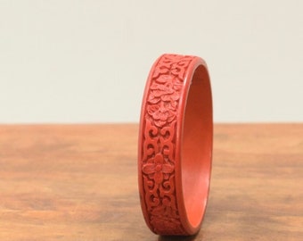 Chinese Cinnabar Flat Red Floral Design Bangle Bracelet