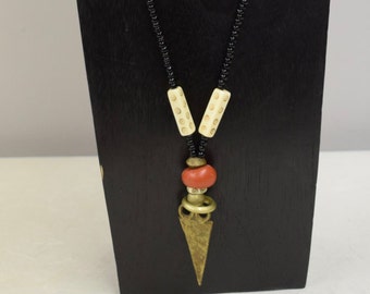 Necklace Vintage African Brass Spear Pendant Black White Etched Tubes Handmade Red African Bead  Czech Black GlassBeads One of a Kind B