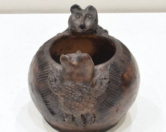 African  Brown Cat Clay Storage Pot Kenya