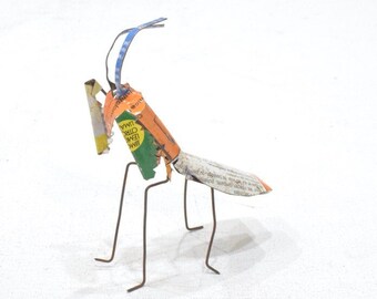 African Folk Art Toy Praying Mantis Recycled Tin Can