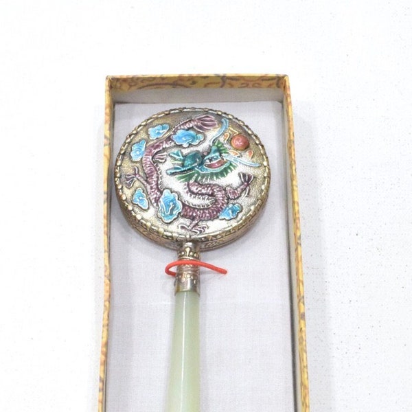 Chinese Small Silver Cloisonne Dragon Soo Chow Jade Mirror
