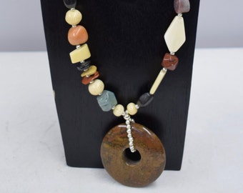 Necklace Vintage Large Agate Donut Pendant Agate Silver Beads Handmade Browns Green Natural Agate Beads Necklace Jewelry One of a Kind B