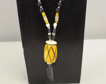 Necklace Vintage Philippines Black Buri Nut Yellow Bone Necklace Handmade Yellow Black White Beads Leaf Pendant Unique One of a Kind B