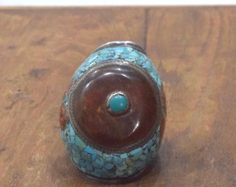 Tibetan Silver Turquoise Amber Dome Ring