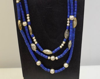 Necklace Vintage Blue Wood  3 Strand Tribal Silver Beads German Beads Vintage Handmade 3 Strand Blue Wood Silver Necklace One of a Kind  A