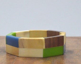 Wood Inlaid Colorful Beige Resin Bangle Bracelet