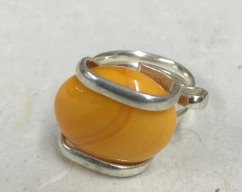 Ring Silver Orange Colored Glass Ring